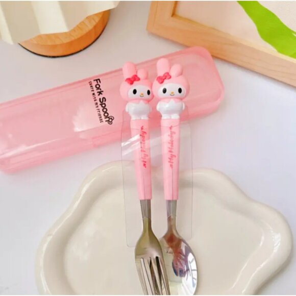 My Melody Full-Size Utensil Set Fork & Spoon with Clear Storage Case Hello Kitty - Picture 1 of 2